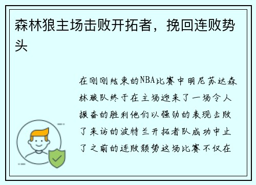 森林狼主场击败开拓者，挽回连败势头